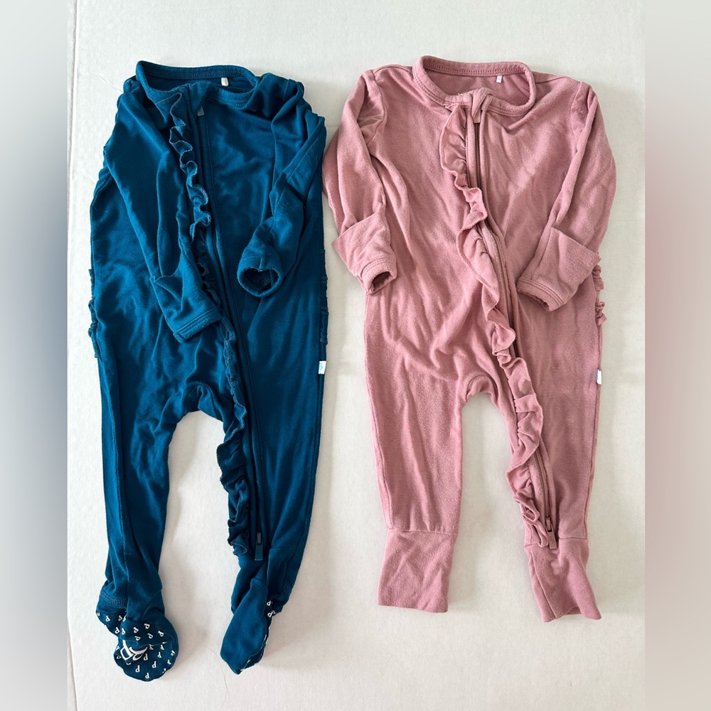 Posh Peanut Bamboo Ruffled Footies Bundle- Blue and Pink, 0-3 Months